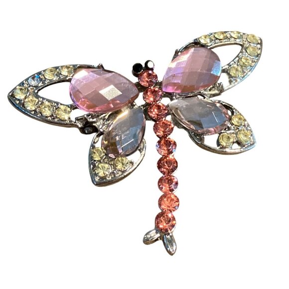 Rhinestone Dragonfly Pin Brooch With Pink & Clear Stones Metal Base - Picture 3 of 7